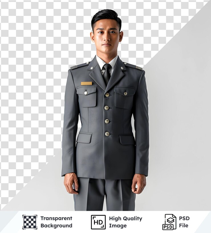 PSD oficial en uniforme gris posa contra un trasfondo transparente personal militar con profesional