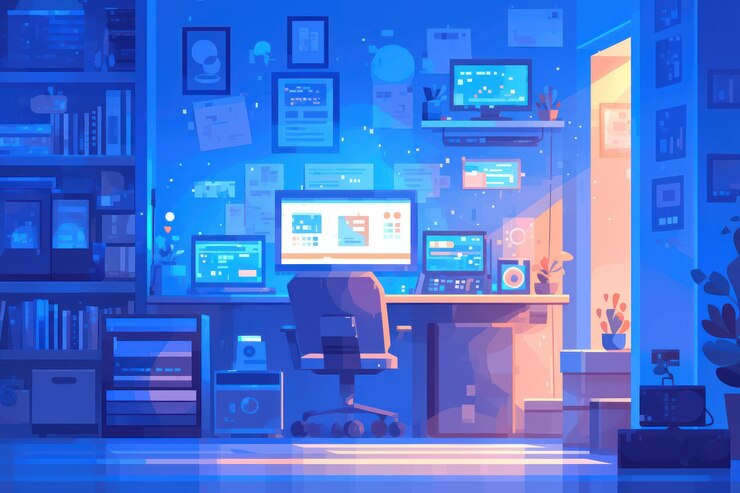 PSD una oficina iluminada de azul y púrpura con una silla de escritorio dos monitores y un estante con pilas de libros y una puerta que conduce a otra habitación
