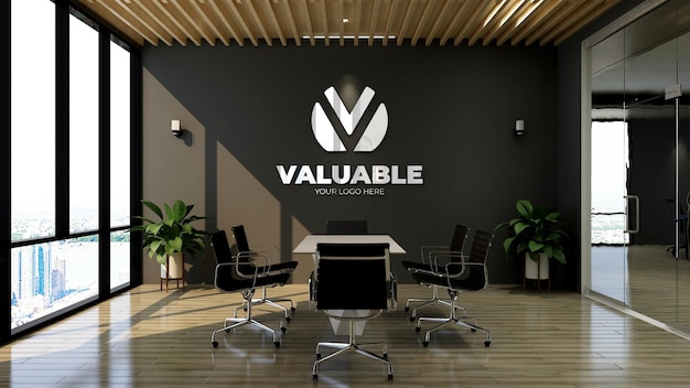 PSD oficina negocio sala de reuniones pared 3d logo maqueta