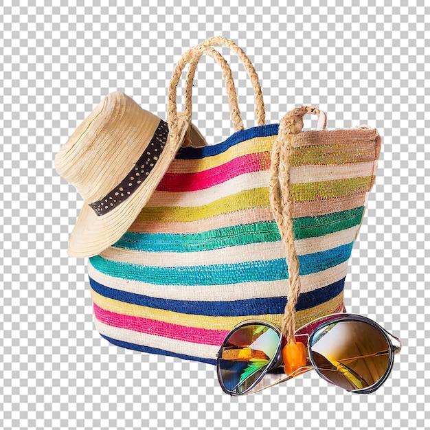 oggetti da spiaggia borsa a righe colorate occhiali da sole e cappello di paglia