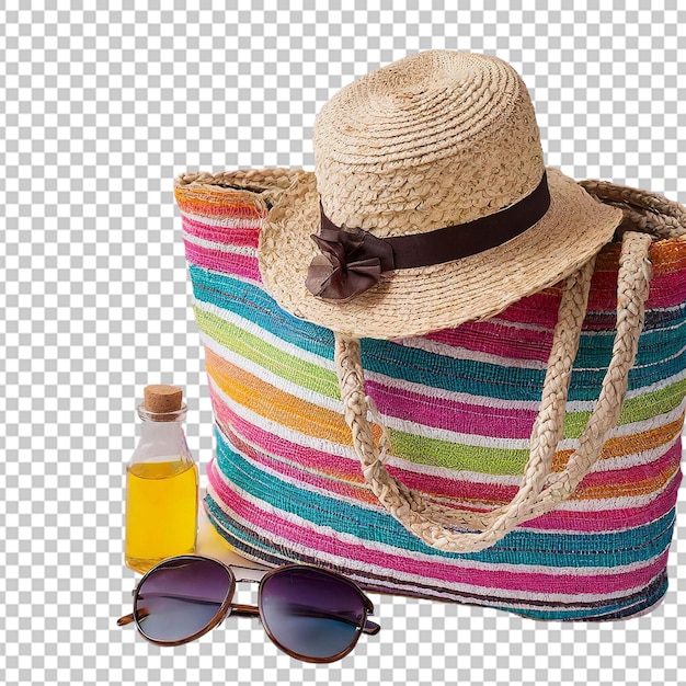 oggetti da spiaggia borsa a righe colorate occhiali da sole e cappello di paglia