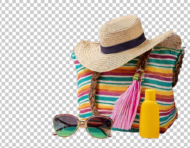 oggetti da spiaggia borsa a righe colorate occhiali da sole e cappello di paglia