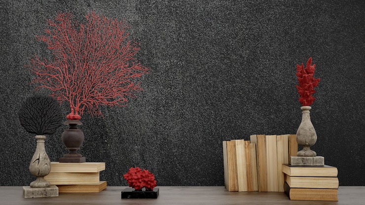 PSD oggetti decorativi, libri antichi e vasi sul muro nero, in stile giapponese.