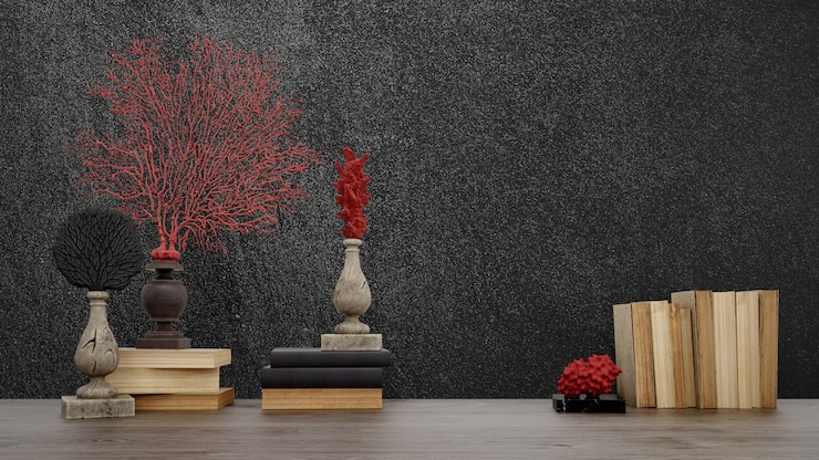 PSD oggetti decorativi, libri antichi e vasi sul muro nero, in stile giapponese.
