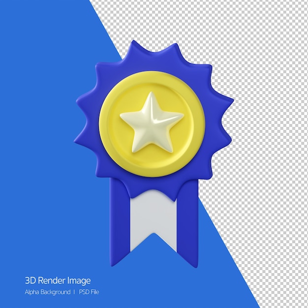 Oggetto 3d Icona di rendering della medaglia d'oro con nastro blu, raggiungimento della ricompensa.