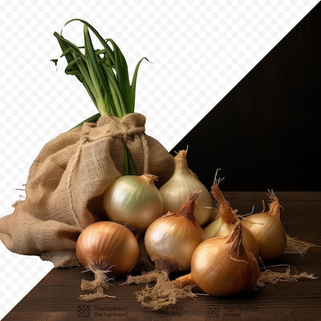 Des Oignons Frais Stockés Dans Un Sac Des Légumes Creux Sur Une Table En Bois Dans Un Jardin