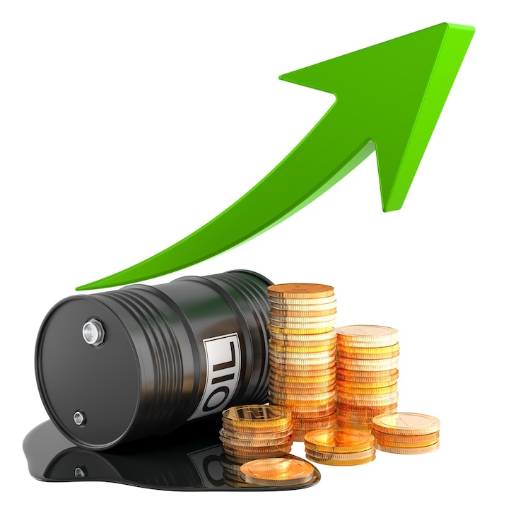 PSD oil barrel with growth green arrow and golden coins 3d rendering isolated on transparent background