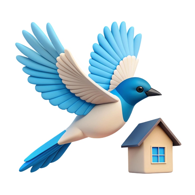 PSD un oiseau bleu avec un bec bleu est montré avec une maison en arrière-plan