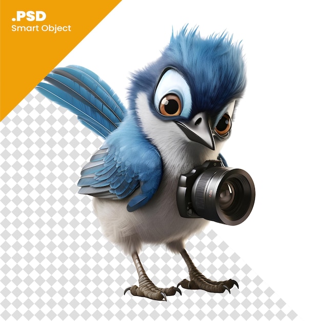 PSD oiseau bleu avec caméra isolée sur fond blanc modèle psd d'illustration 3d