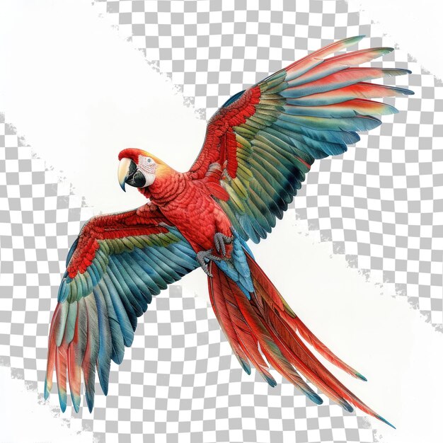 PSD un oiseau coloré avec une queue rouge et des plumes bleues