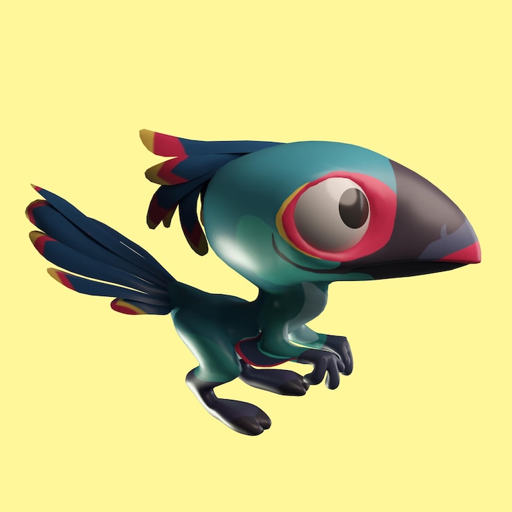 PSD un oiseau coloré avec des yeux rouges et un œil noir et rouge