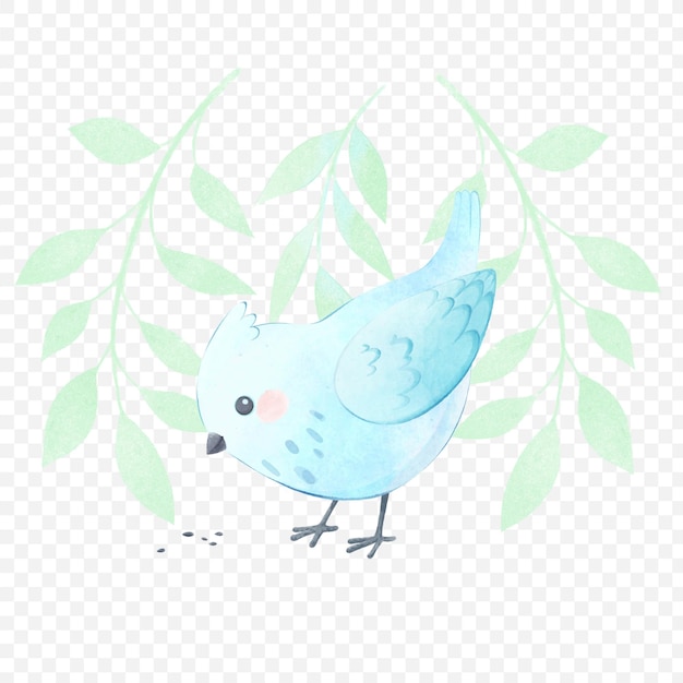 PSD oiseau mignon avec une crête sur les branches arrière-plan dessin animé oiseau blanc mangeant tout en picant des grains