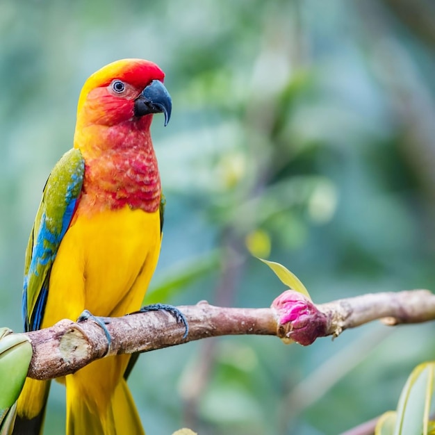 PSD un oiseau à tête jaune et à plumes rouges est assis sur une branche avec une fleur en arrière-plan