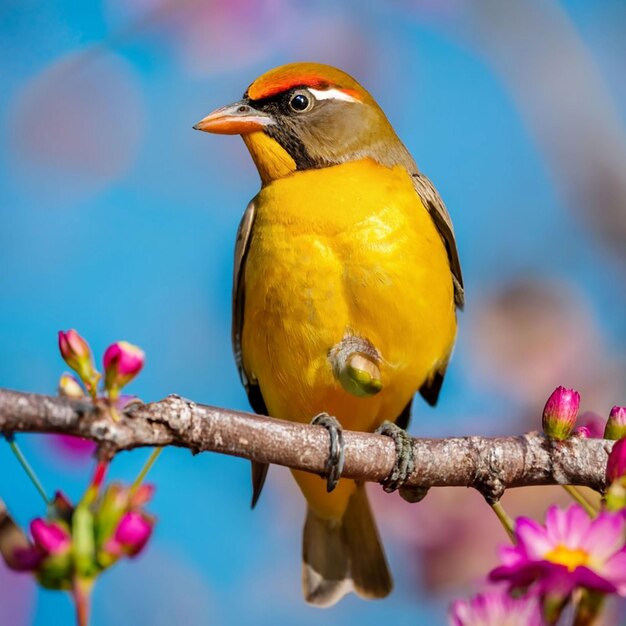 Un Oiseau à Tête Jaune Et à Plumes Rouges Est Assis Sur Une Branche Avec Une Fleur En Arrière-plan