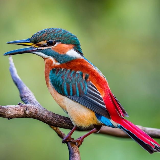 PSD un oiseau à tête jaune et à plumes rouges est assis sur une branche avec une fleur en arrière-plan