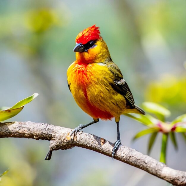 PSD un oiseau à tête jaune et à plumes rouges est assis sur une branche avec une fleur en arrière-plan