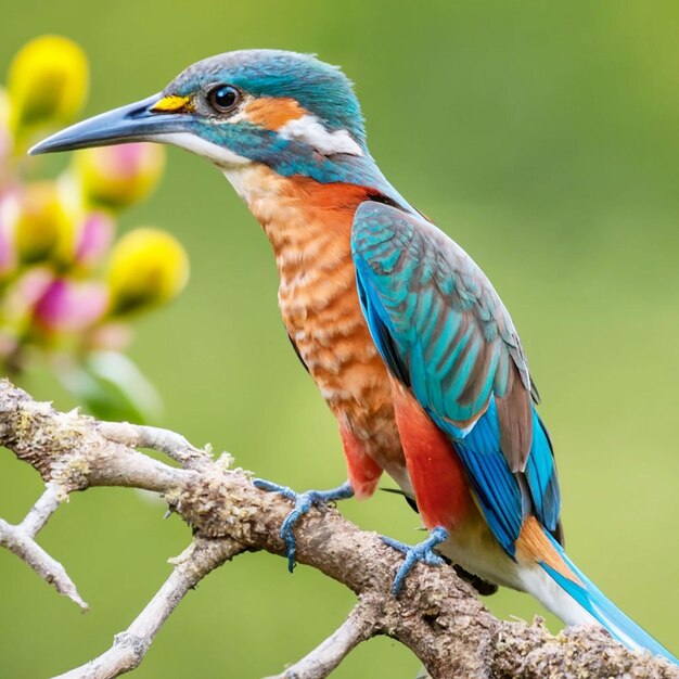 PSD un oiseau à tête jaune et à plumes rouges est assis sur une branche avec une fleur en arrière-plan