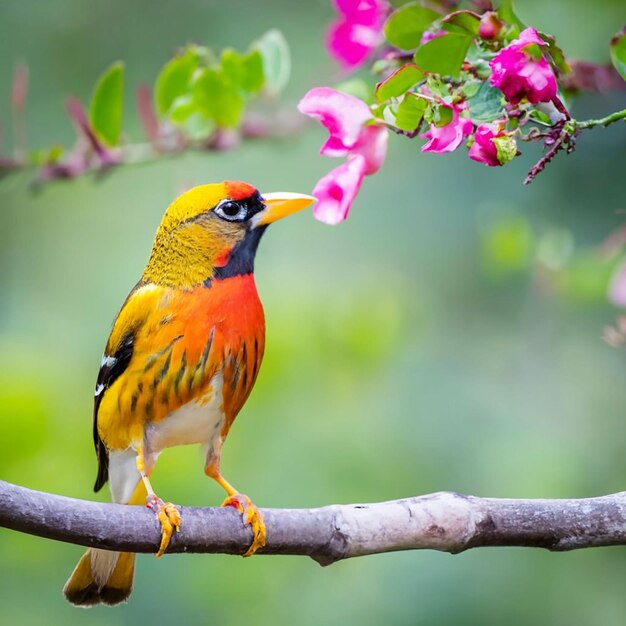 Un Oiseau à Tête Jaune Et à Plumes Rouges Est Assis Sur Une Branche Avec Une Fleur En Arrière-plan