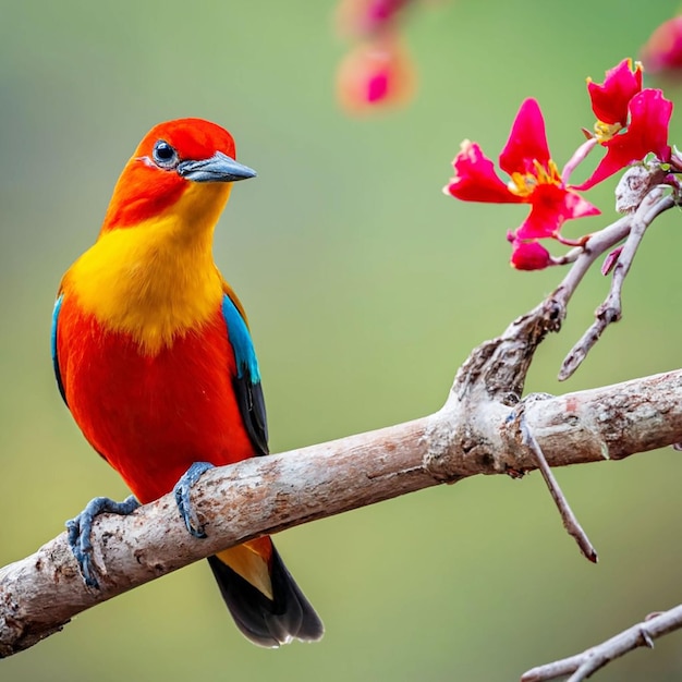 PSD un oiseau à tête jaune et à plumes rouges est assis sur une branche avec une fleur en arrière-plan