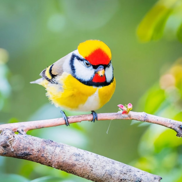 Un oiseau à tête jaune et à plumes rouges est assis sur une branche avec une fleur en arrière-plan