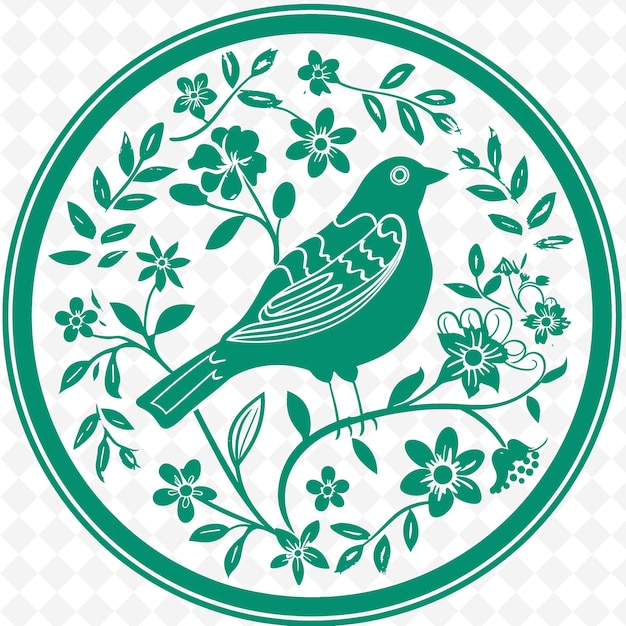 PSD un oiseau vert et blanc est sur un cercle vert avec des fleurs