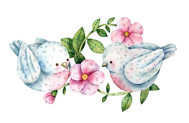 PSD oiseaux sur une branche avec des fleurs et des feuilles isolés sur fond blanc illustration aquarelle