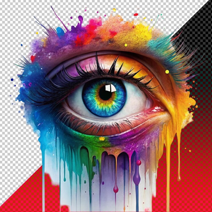 PSD ojo colorido con pintura que cae sobre un fondo transparente
