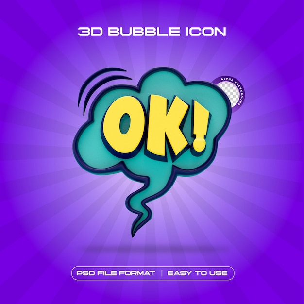 Ok texto cómico en estilo pop art 3d Render Ilustración en fondo púrpura