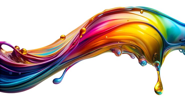 PSD una ola de un arco iris líquido una salpicadura de una corriente brillante un torbellino o un derrame de aceite vertido un remolino de agua colorida pintura derramada en movimiento aislada sobre un fondo transparente