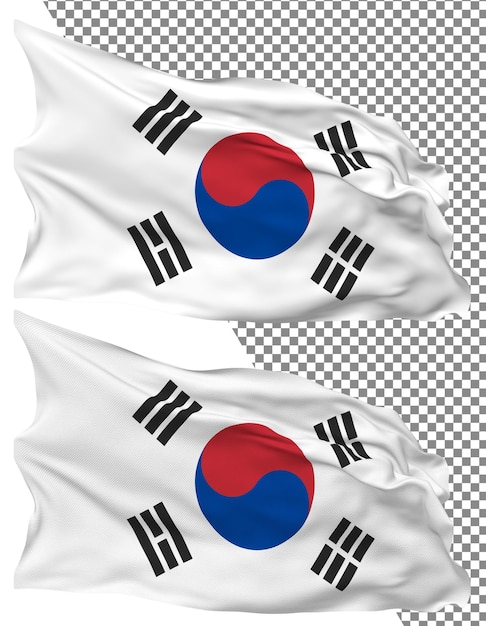 La ola de la bandera de Corea del Sur aislada con textura de bache plano y fondo transparente renderización 3D