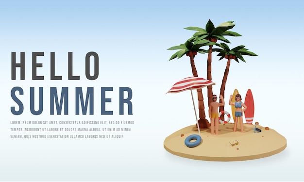 Olá, modelo de banner de verão com personagens 3d premium psd