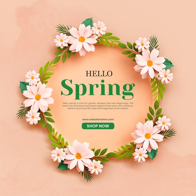 Olá modelo de postagem 3d de moldura de flor de primavera