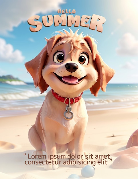 olá modelo de pôster de verão com personagem de cachorrinho fofo