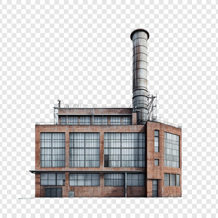 PSD old brick factory building with tall smokestack industrial architecture urban landscape design element
