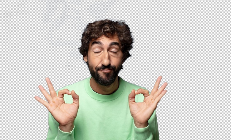 PSD olhando concentrado e meditando sentindo-se satisfeito e relaxado pensando ou fazendo uma escolha