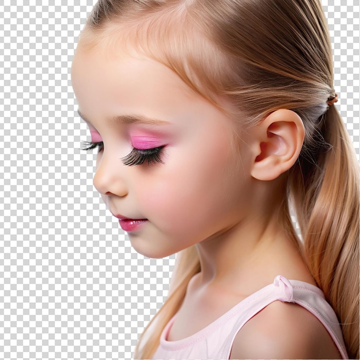 PSD olho de menina com pálpebras falsas extremas longas vista lateral isolada em fundo transparente