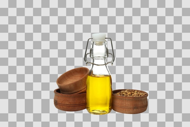 Olio di PNG in bottiglia di vetro e ciotole con semi di girasole isolati su sfondo bianco