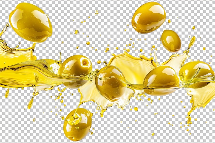 PSD olivas con salpicaduras de aceite aisladas contra un fondo transparente