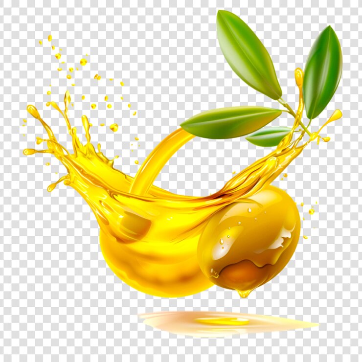 PSD olivas con salpicaduras de aceite sobre un fondo transparente