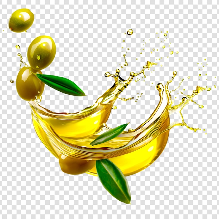 PSD olivas con salpicaduras de aceite sobre un fondo transparente