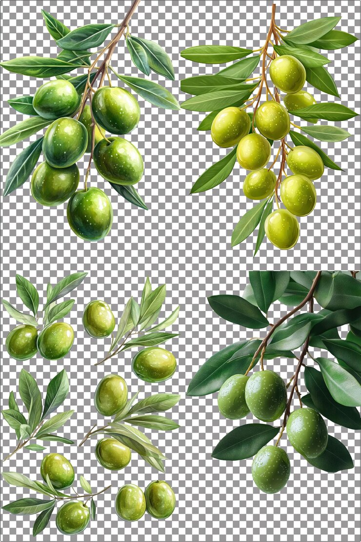Olivas verdes con hojas PNG aislado hiperrealista con fondo transparente claro muy detallado