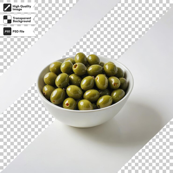 PSD olivas verdes psd en un cuenco sobre un fondo transparente con capa de máscara editable