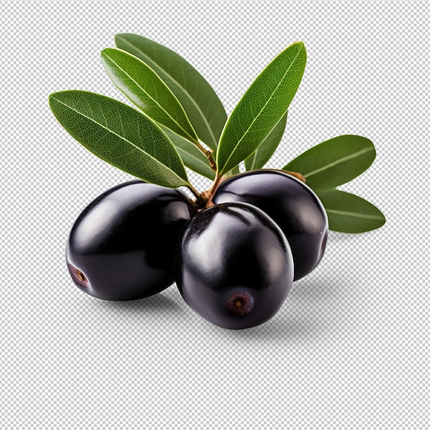 Olives noires avec des feuilles isolées sur fond transparent