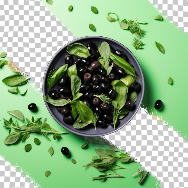 PSD olives noires mélangées à une salade avec fond transparent de feuilles vertes