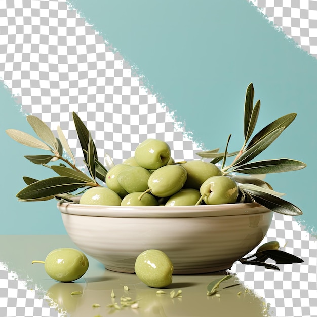 PSD des olives vertes servies dans un bol avec des branches sur un fond transparent