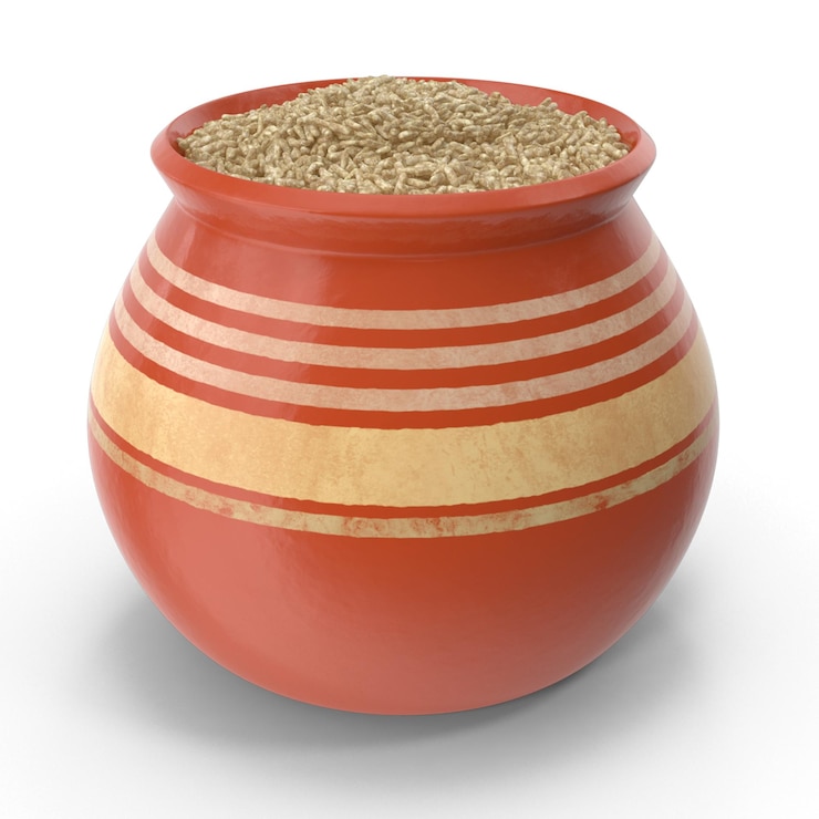 PSD una olla de cerámica llena de nutritivo arroz marrón de grano entero para una dieta saludable y equilibrada