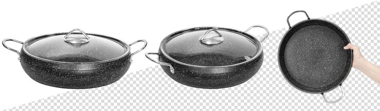 Olla de cocción fabricada en metal negro, con tapa de cristal. Aislado del fondo