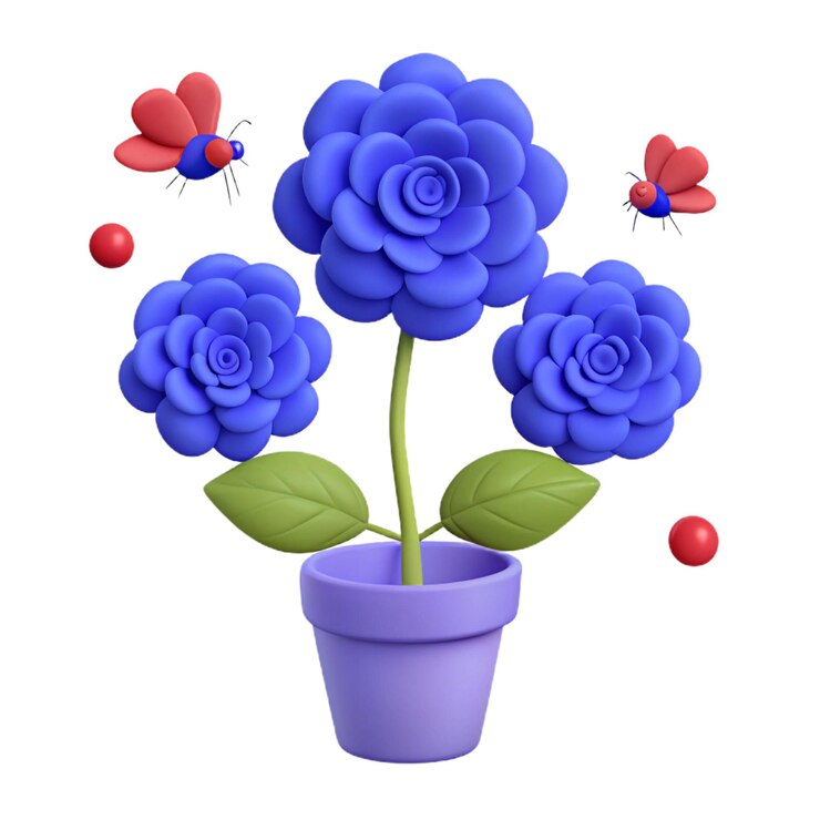 PSD una olla de flores azules con una mariposa en el medio
