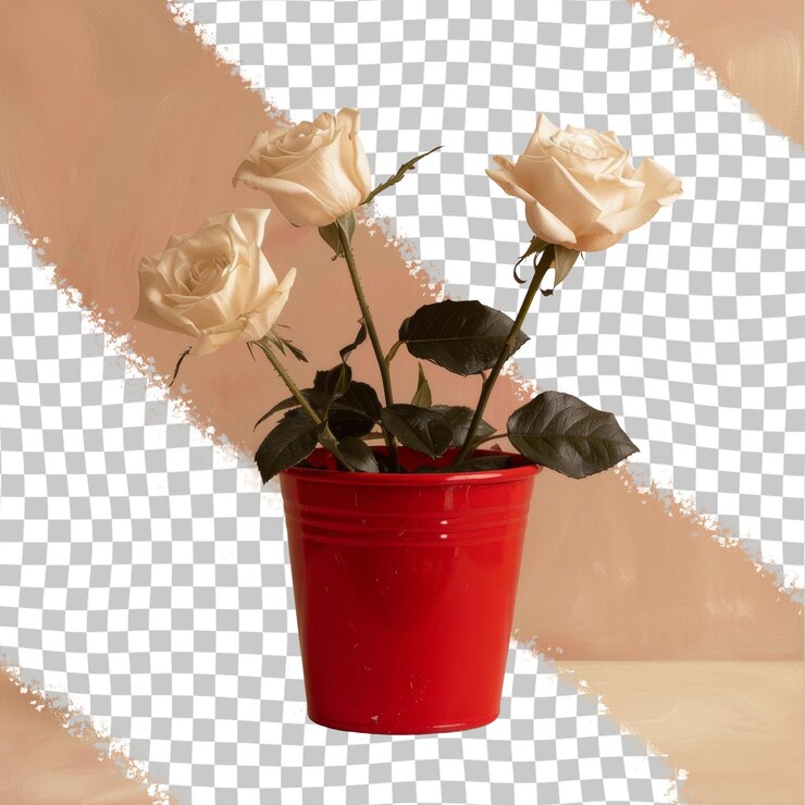 PSD una olla de flores rojas con rosas blancas en ella
