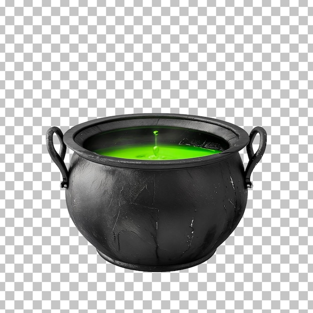 Una olla negra con líquido verde en el interior se muestra en un fondo a cuadros